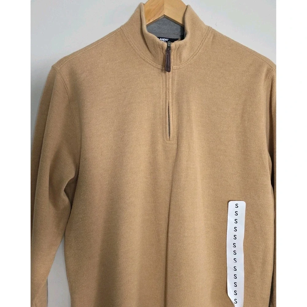 Lands End Mens Small Quarter Zip Pullover Sweater Tan Cotton Blend Casual